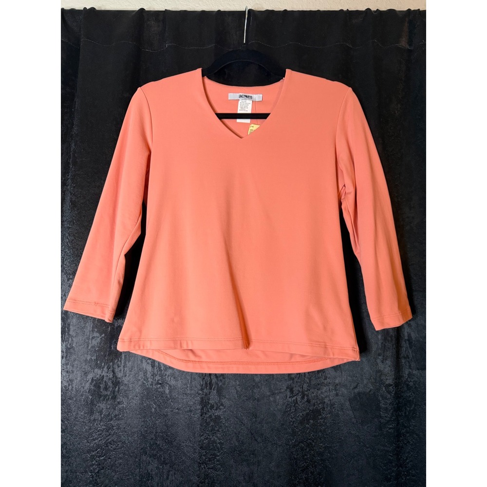 Acorn Womens V-Neck 3/4 Sleeve Top Coral Peach Nylon Lycra Size S Made in USA